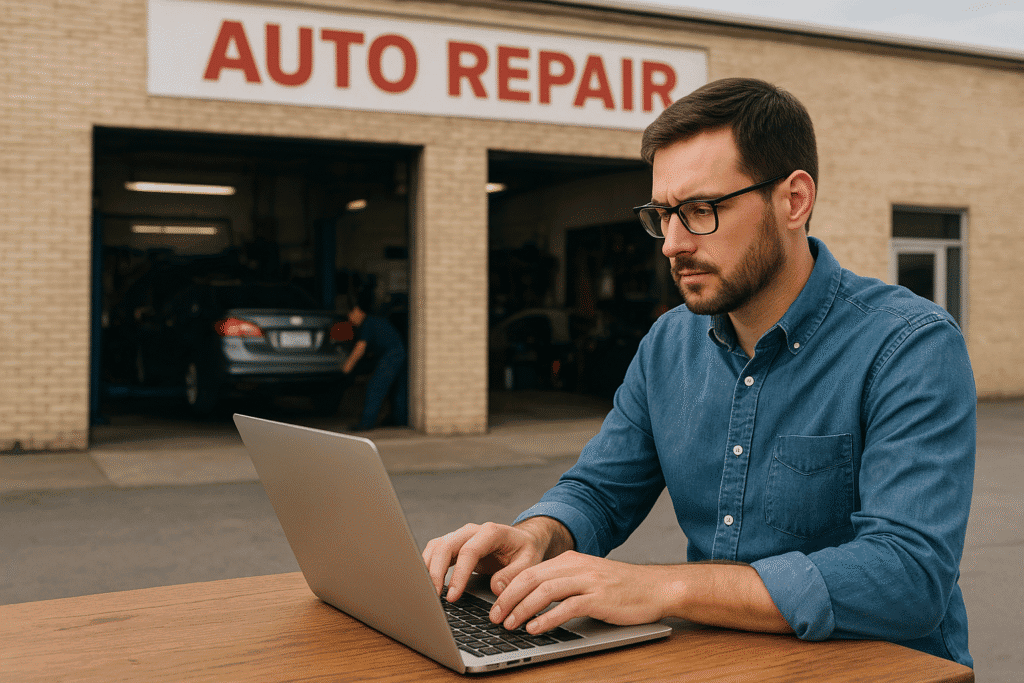 A man typing on a laptop outside of an auto repair shop