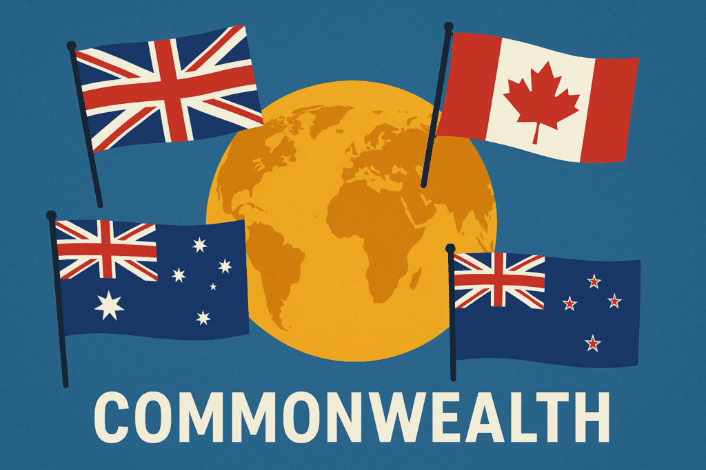 The flags of the UK, Canada, Australia and New Zealand in front of a red earth graphic